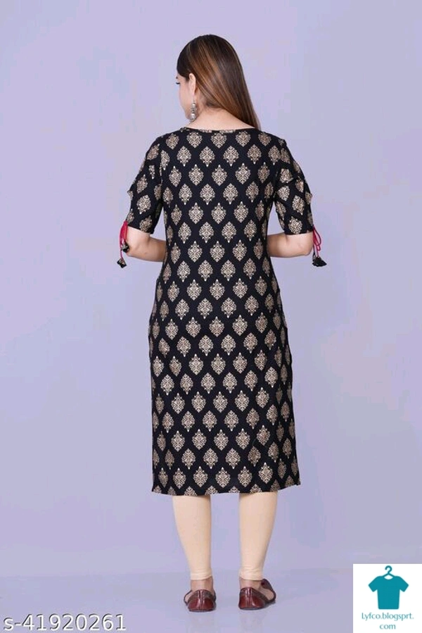 Product Name: *Womens Rayon gold printed long rayon kurta*Fabric: RayonSleeve Length: Short SleevesPattern: PrintedCombo of: Single - size- S, colour- Black