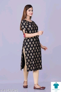 Product Name: *Womens Rayon gold printed long rayon kurta*Fabric: RayonSleeve Length: Short SleevesPattern: PrintedCombo of: Single - size- S, colour- Black