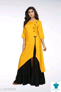 Product Name: *Tiya Alluring Attractive Women's Kurti With Sharara*Fabric: RayonSleeve Length: Three-Quarter SleevesPattern: SolidCombo of: Single - colour- Yellow, size- XL