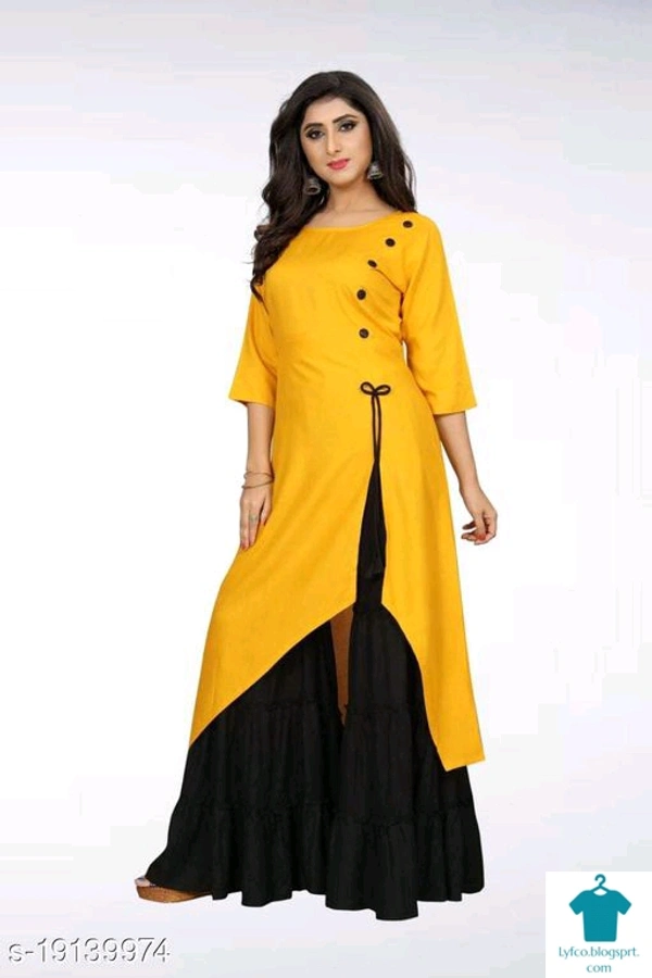 Product Name: *Tiya Alluring Attractive Women's Kurti With Sharara*Fabric: RayonSleeve Length: Three-Quarter SleevesPattern: SolidCombo of: Single - colour- Yellow, size- XL