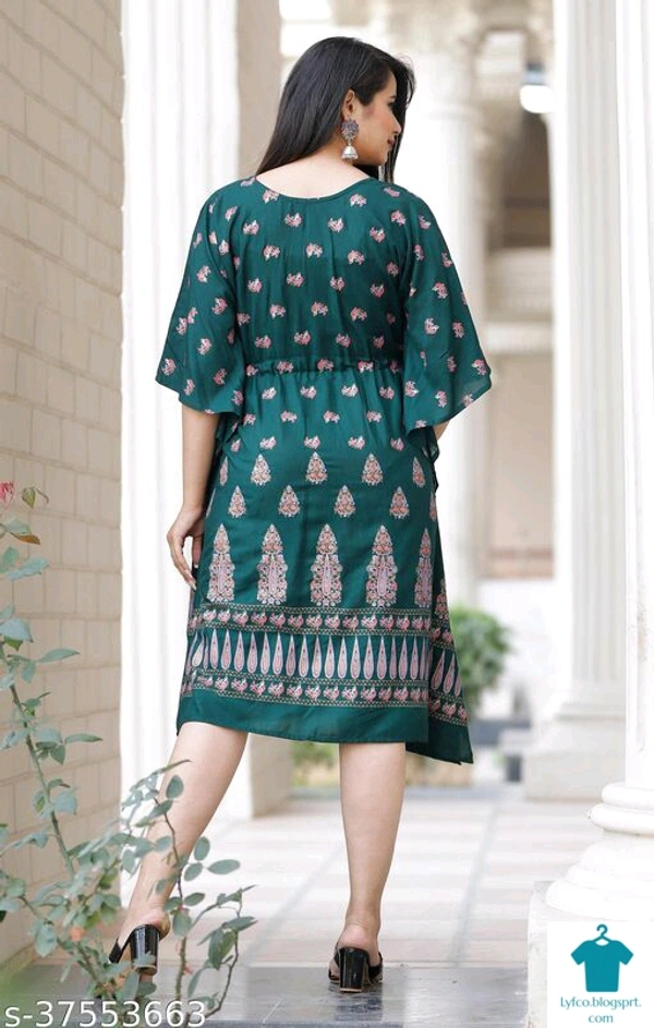 Product Name: *Women rayon kaftan*Fabric: RayonSleeve Length: Short SleevesPattern: PrintedCombo of: Single - size- M