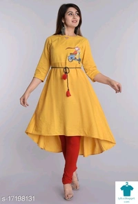 Product Name: *Women Cotton High-Low Printed Mustard Kurti*Fabric: CottonSleeve Length: Three-Quarter SleevesPattern: PrintedCombo of: Single - Colour-  yellow, size- M