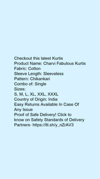 Product Name: *Charvi Fabulous Kurtis*Fabric: CottonSleeve Length: SleevelessPattern: ChikankariCombo of: Single - size- S