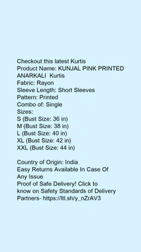 Product Name: *KUNJAL PINK PRINTED ANARKALI  Kurtis*Fabric: RayonSleeve Length: Short SleevesPattern: PrintedCombo of: Single - size- XXL