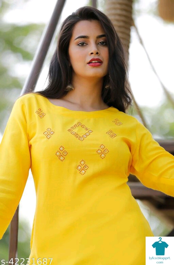 Product Name: *RAYON ATTRACTIVE HAND WORK KURTI*Fabric: RayonSleeve Length: Three-Quarter SleevesPattern: Woven DesignCombo of: Single - Size- XL