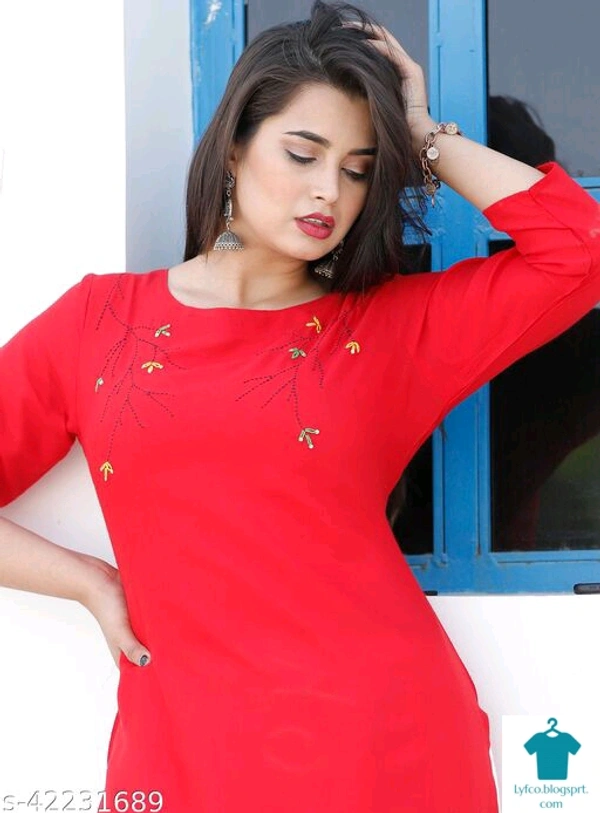 Product Name: *RAYON ATTRACTIVE HAND WORK KURTI*Fabric: RayonSleeve Length: Three-Quarter SleevesPattern: Woven DesignCombo of: Single - size- L