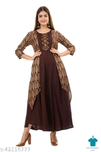 Product Name: *Rang Age Women Printed Rayon Anarkali Kurta  (Brown)*Fabric: RayonSleeve Length: Three-Quarter SleevesPattern: PrintedCombo of: Single - size- M
