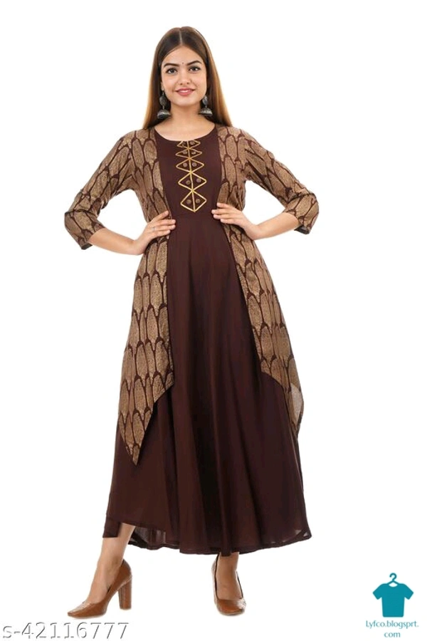 Product Name: *Rang Age Women Printed Rayon Anarkali Kurta  (Brown)*Fabric: RayonSleeve Length: Three-Quarter SleevesPattern: PrintedCombo of: Single - size- M