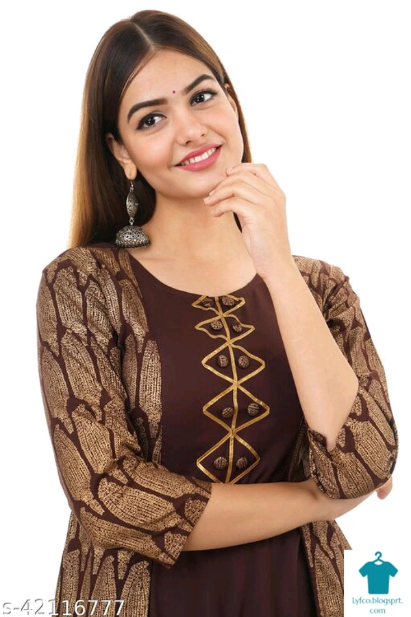Product Name: *Rang Age Women Printed Rayon Anarkali Kurta  (Brown)*Fabric: RayonSleeve Length: Three-Quarter SleevesPattern: PrintedCombo of: Single - size- M