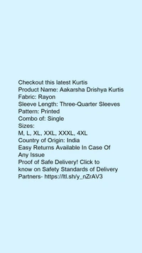 Product Name: *Aakarsha Drishya Kurtis*Fabric: RayonSleeve Length: Three-Quarter SleevesPattern: PrintedCombo of: Single - size- M