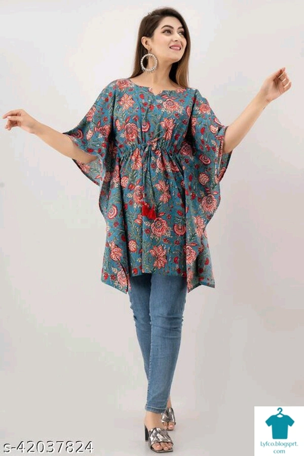 Product Name: *Miskala Women Printed Cotton Kaftan Cape Kurti|Trending|Top|Kaftan|Stylish|Easy To Wear|*Fabric: CottonSleeve Length: Three-Quarter SleevesPattern: PrintedCombo of: Single - size- L
