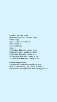 Product Name: *Charvi Fabulous Kurtis*Fabric: CrepeSleeve Length: Short SleevesPattern: PrintedCombo of: Single - Colour- Aquamarine, size- XL