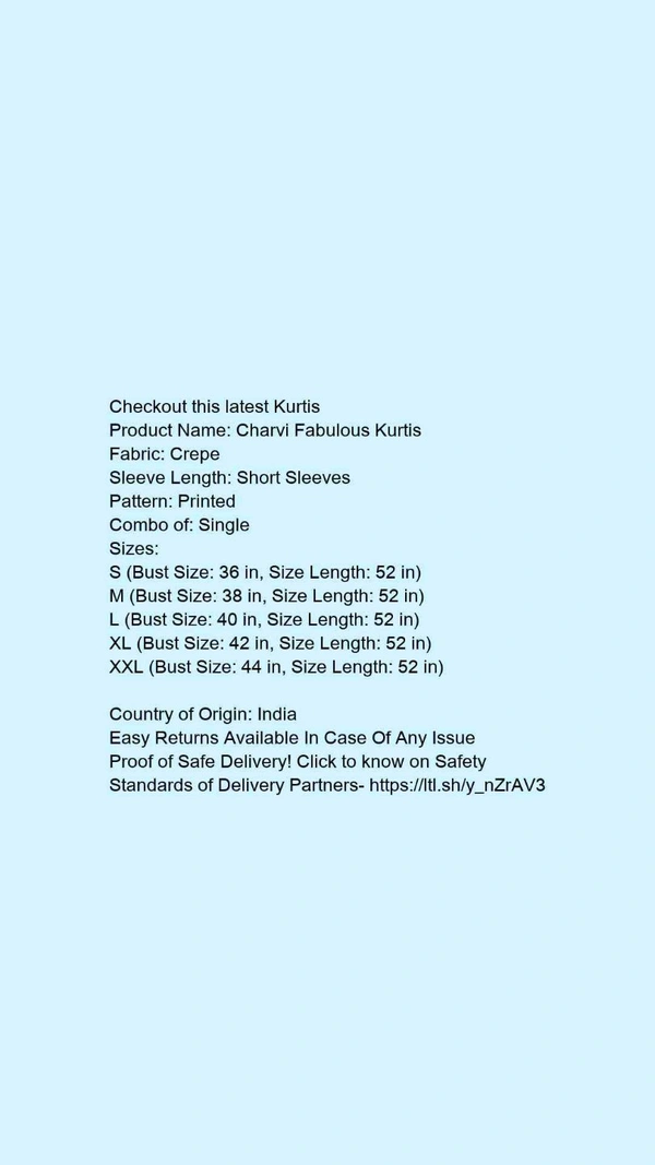 Product Name: *Charvi Fabulous Kurtis*Fabric: CrepeSleeve Length: Short SleevesPattern: PrintedCombo of: Single - colour- Yellow , size- XXXL