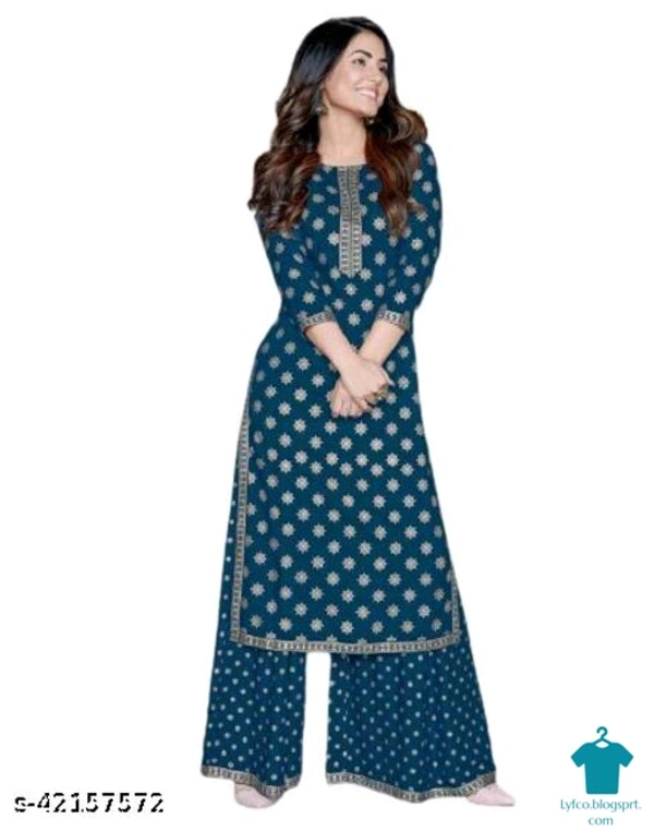 Product Name: *Banita Pretty Women Kurta Sets*Kurta Fabric: RayonBottomwear Fabric: RayonFabric: RayonSleeve Length: Three-Quarter SleevesSet Type: Kurta With BottomwearBottom Type: PalazzosPattern: PrintedMultipack: Single - size- S
