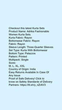 Product Name: *Adrika Fashionable Women Kurta Sets*Kurta Fabric: RayonBottomwear Fabric: RayonFabric: RayonSleeve Length: Three-Quarter SleevesSet Type: Kurta With BottomwearBottom Type: PalazzosPattern: PrintedMultipack: Single - size- L