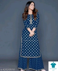 Product Name: *Adrika Fashionable Women Kurta Sets*Kurta Fabric: RayonBottomwear Fabric: RayonFabric: RayonSleeve Length: Three-Quarter SleevesSet Type: Kurta With BottomwearBottom Type: PalazzosPattern: PrintedMultipack: Single - size- XL
