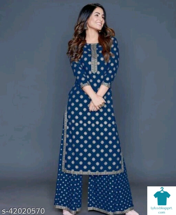Product Name: *Adrika Fashionable Women Kurta Sets*Kurta Fabric: RayonBottomwear Fabric: RayonFabric: RayonSleeve Length: Three-Quarter SleevesSet Type: Kurta With BottomwearBottom Type: PalazzosPattern: PrintedMultipack: Single - size- XL
