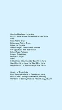 Product Name: *Charvi Sensational Women Kurta Sets*Kurta Fabric: CrepeBottomwear Fabric: CrepeFabric: No DupattaSleeve Length: Three-Quarter SleevesSet Type: Kurta With BottomwearBottom Type: PalazzosPattern: EmbellishedMultipack: Single - size- S