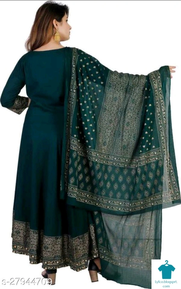 Product Name: *Trendy Rayon Women   Kurta Sets*Kurta Fabric: RayonBottomwear Fabric: No BottomwearFabric: RayonSet Type: Kurta With DupattaBottom Type: No BottomwearPattern: Printed - size- M