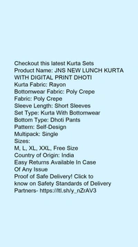 Product Name: *JNS NEW LUNCH KURTA WITH DIGITAL PRINT DHOTI*Kurta Fabric: Rayon - size- M