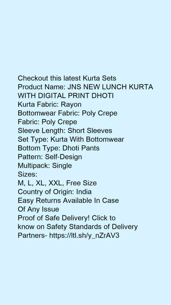Product Name: *JNS NEW LUNCH KURTA WITH DIGITAL PRINT DHOTI*Kurta Fabric: Rayon - size- M, colour- Dark Green