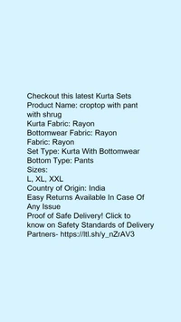 Product Name: *croptop with pant with shrug*Kurta Fabric: RayonBottomwear Fabric: RayonFabric: RayonSet Type: Kurta With BottomwearBottom Type: Pants - size- XXL