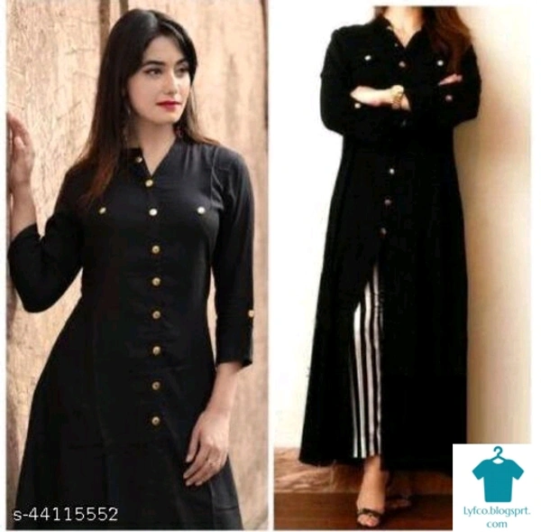Product Name: *Hussain Creations Rayon Printed Black Kurti and Palazzo Set*Kurta Fabric: RayonBottomwear Fabric: RayonFabric: RayonSleeve Length: Three-Quarter SleevesSet Type: Kurta With BottomwearBottom Type: PalazzosPattern: SolidMultipack: Single - size- L