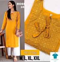 Product Name: *GULSHAN KURTA SET*Kurta Fabric: RayonBottomwear Fabric: CottonFabric: RayonSleeve Length: Three-Quarter SleevesSet Type: Kurta With BottomwearBottom Type: PalazzosPattern: Self-DesignMultipack: Single - size- M, colour- Yellow