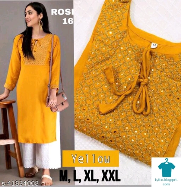 Product Name: *GULSHAN KURTA SET*Kurta Fabric: RayonBottomwear Fabric: CottonFabric: RayonSleeve Length: Three-Quarter SleevesSet Type: Kurta With BottomwearBottom Type: PalazzosPattern: Self-DesignMultipack: Single - size- XXL