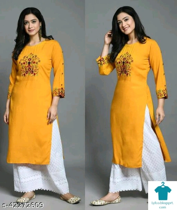 Product Name: *Banita Voguish Women Kurta Sets*Kurta Fabric: RayonBottomwear Fabric: Cotton CambricFabric: RayonSet Type: Kurta With BottomwearBottom Type: Palazzos - colour- Yellow