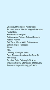 Product Name: *Banita Voguish Women Kurta Sets*Kurta Fabric: RayonBottomwear Fabric: Cotton CambricFabric: RayonSet Type: Kurta With BottomwearBottom Type: Palazzos - colour- Yellow