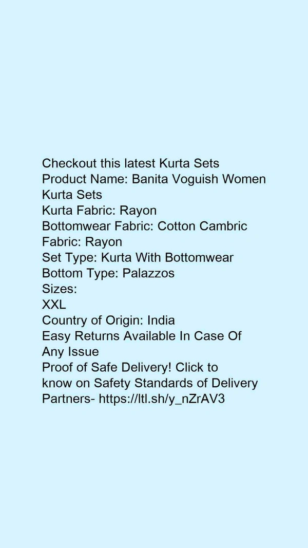 Product Name: *Banita Voguish Women Kurta Sets*Kurta Fabric: RayonBottomwear Fabric: Cotton CambricFabric: RayonSet Type: Kurta With BottomwearBottom Type: Palazzos - colour- Yellow