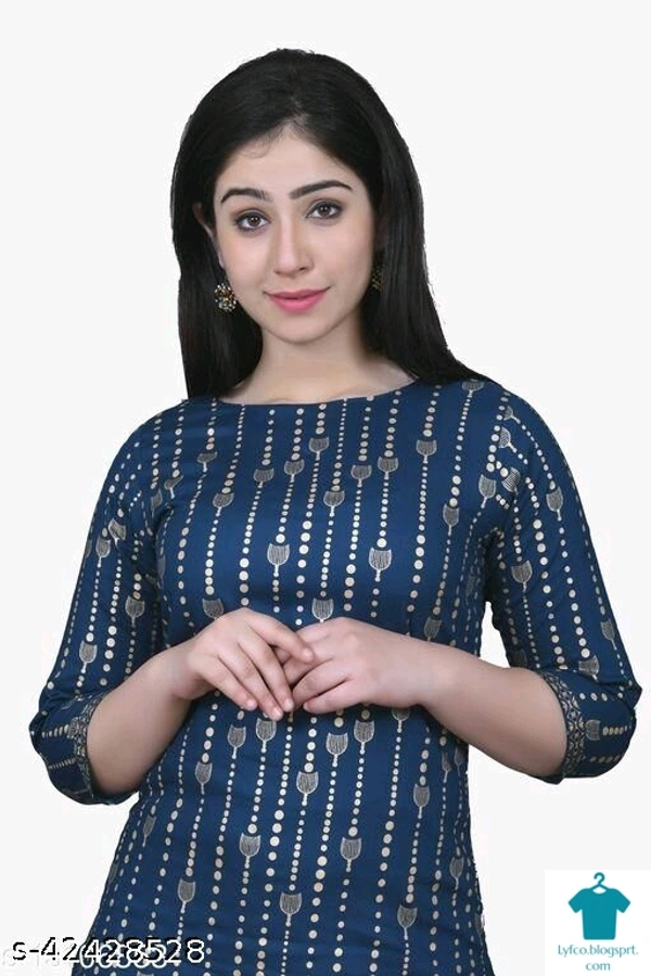 Product Name: *fahionable rayon tredny kurta set*Kurta Fabric: RayonBottomwear Fabric: RayonFabric: RayonSleeve Length: Three-Quarter SleevesSet Type: Kurta With BottomwearBottom Type: PalazzosPattern: PrintedMultipack: Single - size- M