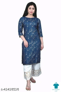 Product Name: *fahionable rayon tredny kurta set*Kurta Fabric: RayonBottomwear Fabric: RayonFabric: RayonSleeve Length: Three-Quarter SleevesSet Type: Kurta With BottomwearBottom Type: PalazzosPattern: PrintedMultipack: Single - size- M