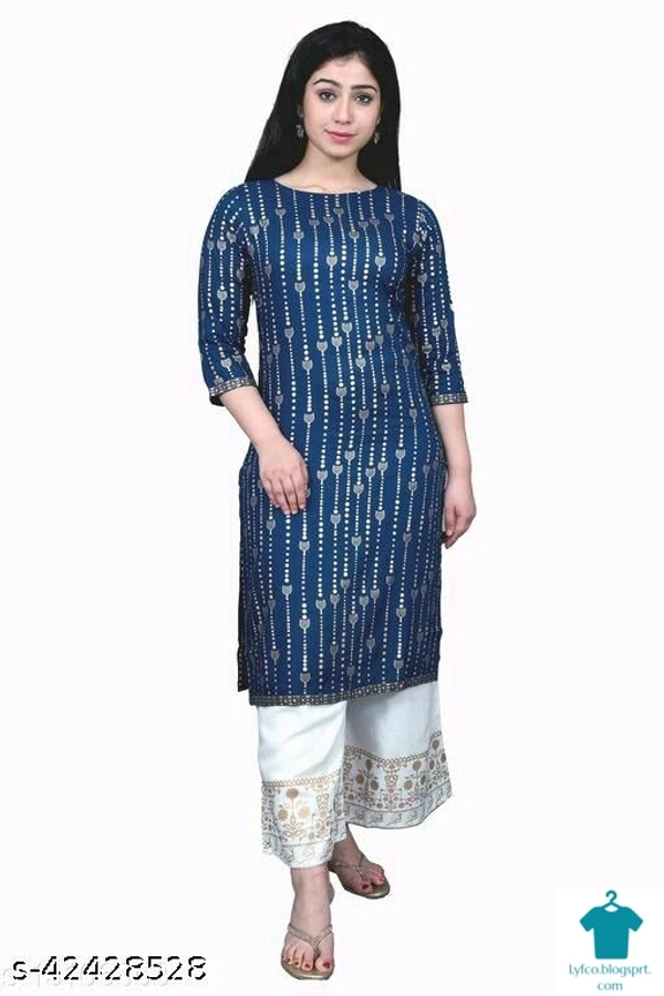 Product Name: *fahionable rayon tredny kurta set*Kurta Fabric: RayonBottomwear Fabric: RayonFabric: RayonSleeve Length: Three-Quarter SleevesSet Type: Kurta With BottomwearBottom Type: PalazzosPattern: PrintedMultipack: Single - size- M