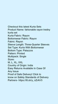 Product Name: *fahionable rayon tredny kurta set*Kurta Fabric: RayonBottomwear Fabric: RayonFabric: RayonSleeve Length: Three-Quarter SleevesSet Type: Kurta With BottomwearBottom Type: PalazzosPattern: PrintedMultipack: Single - size- M