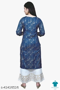 Product Name: *fahionable rayon tredny kurta set*Kurta Fabric: RayonBottomwear Fabric: RayonFabric: RayonSleeve Length: Three-Quarter SleevesSet Type: Kurta With BottomwearBottom Type: PalazzosPattern: PrintedMultipack: Single - size- M
