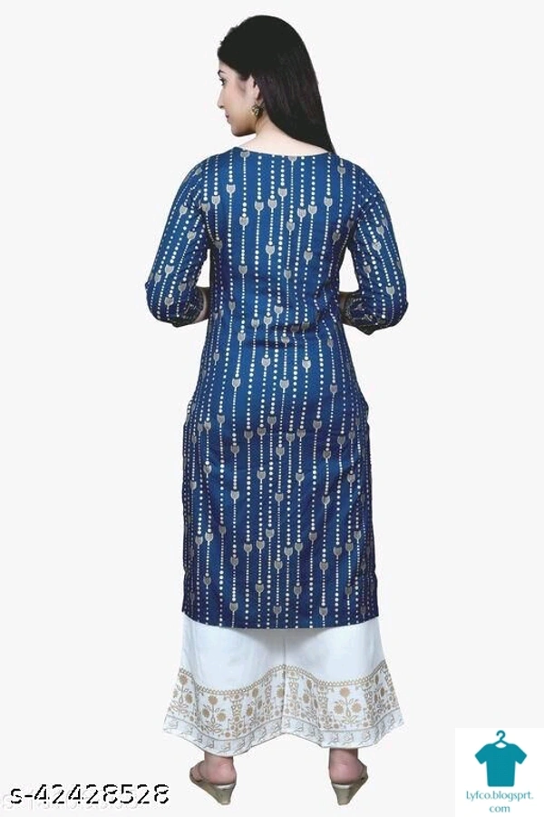 Product Name: *fahionable rayon tredny kurta set*Kurta Fabric: RayonBottomwear Fabric: RayonFabric: RayonSleeve Length: Three-Quarter SleevesSet Type: Kurta With BottomwearBottom Type: PalazzosPattern: PrintedMultipack: Single - size- M