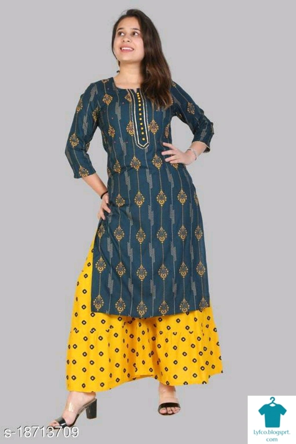 Product Name: *Alisha Sensational Women Kurta Sets*Kurta Fabric: Rayon SlubBottomwear Fabric: RayonFabric: No DupattaSleeve Length: Three-Quarter SleevesSet Type: Kurta With BottomwearBottom Type: PalazzosPattern: PrintedMultipack: Single - size- M