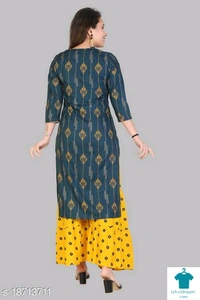 Product Name: *Alisha Sensational Women Kurta Sets*Kurta Fabric: Rayon SlubBottomwear Fabric: RayonFabric: No DupattaSleeve Length: Three-Quarter SleevesSet Type: Kurta With BottomwearBottom Type: PalazzosPattern: PrintedMultipack: Single - size- L