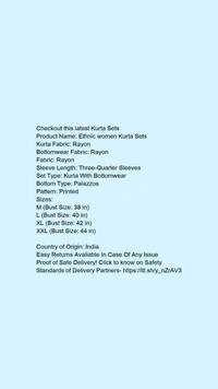 Product Name: *Ethnic women Kurta Sets*Kurta Fabric: RayonBottomwear Fabric: RayonFabric: RayonSleeve Length: Three-Quarter SleevesSet Type: Kurta With BottomwearBottom Type: PalazzosPattern: Printed - size- M