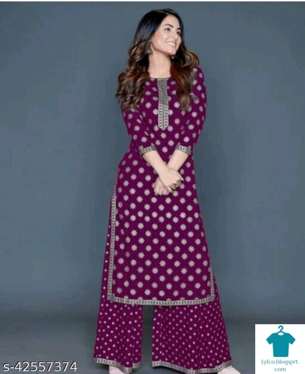 Product Name: *Ethnic women Kurta Sets*Kurta Fabric: RayonBottomwear Fabric: RayonFabric: RayonSleeve Length: Three-Quarter SleevesSet Type: Kurta With BottomwearBottom Type: PalazzosPattern: Printed - size- XL