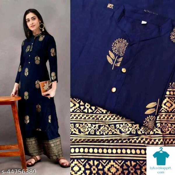 Product Name: *Chitrarekha Fabulous Women Kurta Sets*Kurta Fabric: RayonBottomwear Fabric: RayonFabric: RayonSleeve Length: Three-Quarter SleevesSet Type: Kurta With BottomwearBottom Type: PalazzosPattern: PrintedMultipack: Single - size- XL