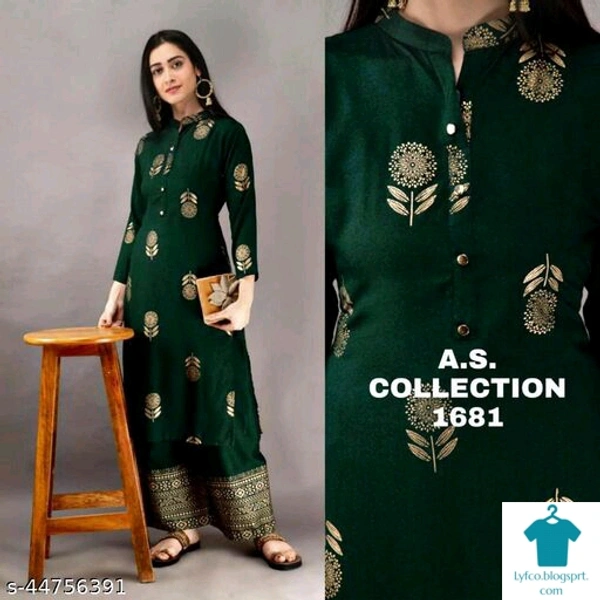 Product Name: *Alisha Refined Women Kurta Sets*Kurta Fabric: RayonBottomwear Fabric: RayonFabric: RayonSleeve Length: Three-Quarter SleevesSet Type: Kurta With BottomwearBottom Type: PalazzosPattern: PrintedMultipack: Single - size- XXXL