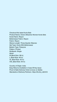 Product Name: *Charvi Attractive Women Kurta Sets*Kurta Fabric: RayonBottomwear Fabric: RayonFabric: RayonSleeve Length: Three-Quarter SleevesSet Type: Kurta With BottomwearBottom Type: PalazzosPattern: PrintedMultipack: Single - size- XXL