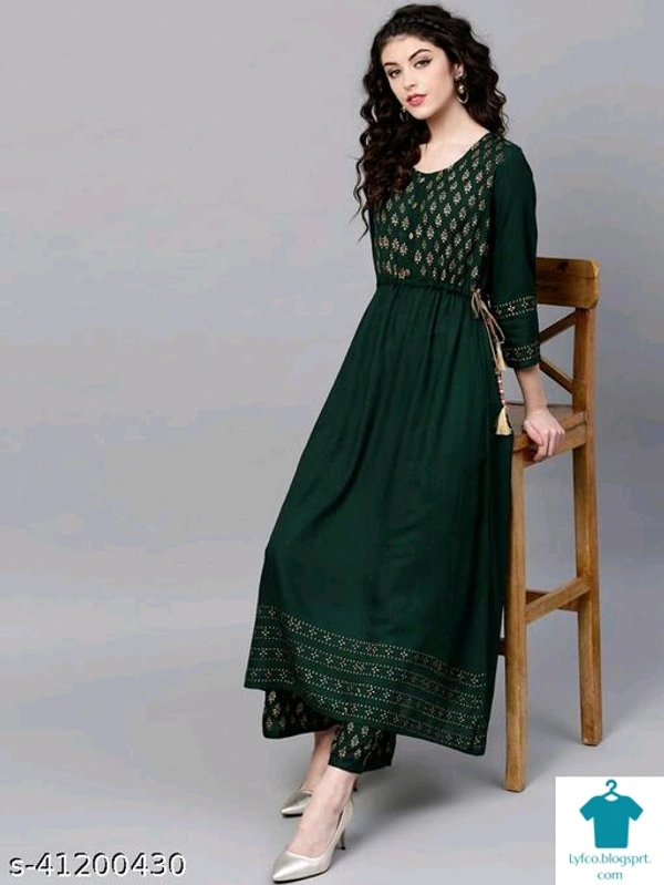 Aagam Fabulous Women Kurta SetsKurta Fabric: RayonBottomwear Fabric: RayonFabric: RayonSleeve Length: Three-Quarter SleevesSet Type: Kurta With BottomwearBottom Type: PalazzosPattern: PrintedMultipack: Single - colour- Dark Green, size- M