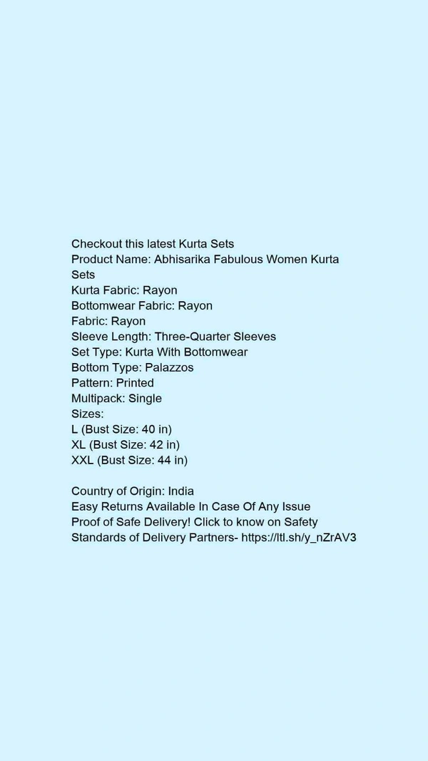 Aagam Fabulous Women Kurta SetsKurta Fabric: RayonBottomwear Fabric: RayonFabric: RayonSleeve Length: Three-Quarter SleevesSet Type: Kurta With BottomwearBottom Type: PalazzosPattern: PrintedMultipack: Single - colour- Dark blue , size- XL