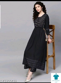 Aagam Fabulous Women Kurta SetsKurta Fabric: RayonBottomwear Fabric: RayonFabric: RayonSleeve Length: Three-Quarter SleevesSet Type: Kurta With BottomwearBottom Type: PalazzosPattern: PrintedMultipack: Single - colour- Dark blue , size- XL