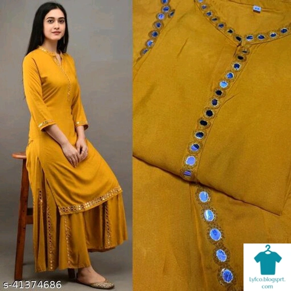Product Name: *kurta set*Kurta Fabric: RayonBottomwear Fabric: RayonFabric: RayonSleeve Length: Three-Quarter SleevesSet Type: Kurta With BottomwearBottom Type: PalazzosPattern: Self-DesignMultipack: Single - size- XXL