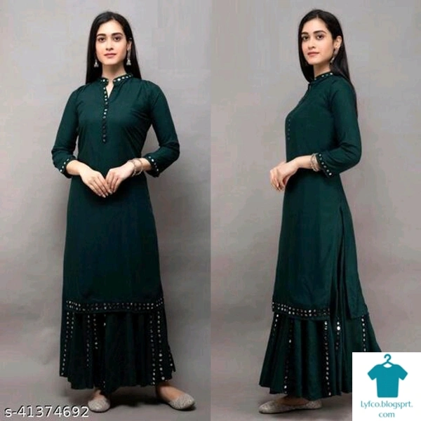 Product Name: *kurta set*Kurta Fabric: RayonBottomwear Fabric: RayonFabric: RayonSleeve Length: Three-Quarter SleevesSet Type: Kurta With BottomwearBottom Type: PalazzosPattern: Self-DesignMultipack: Single - size- XL